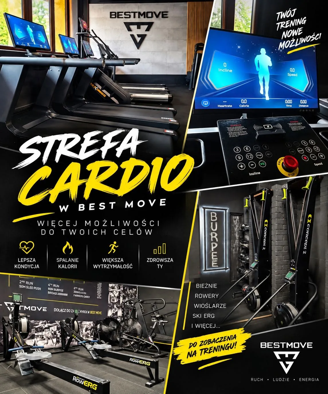 Strefa cardio BESTMOVE z bieżniami, rowerami, wioślarzami i SkiErg