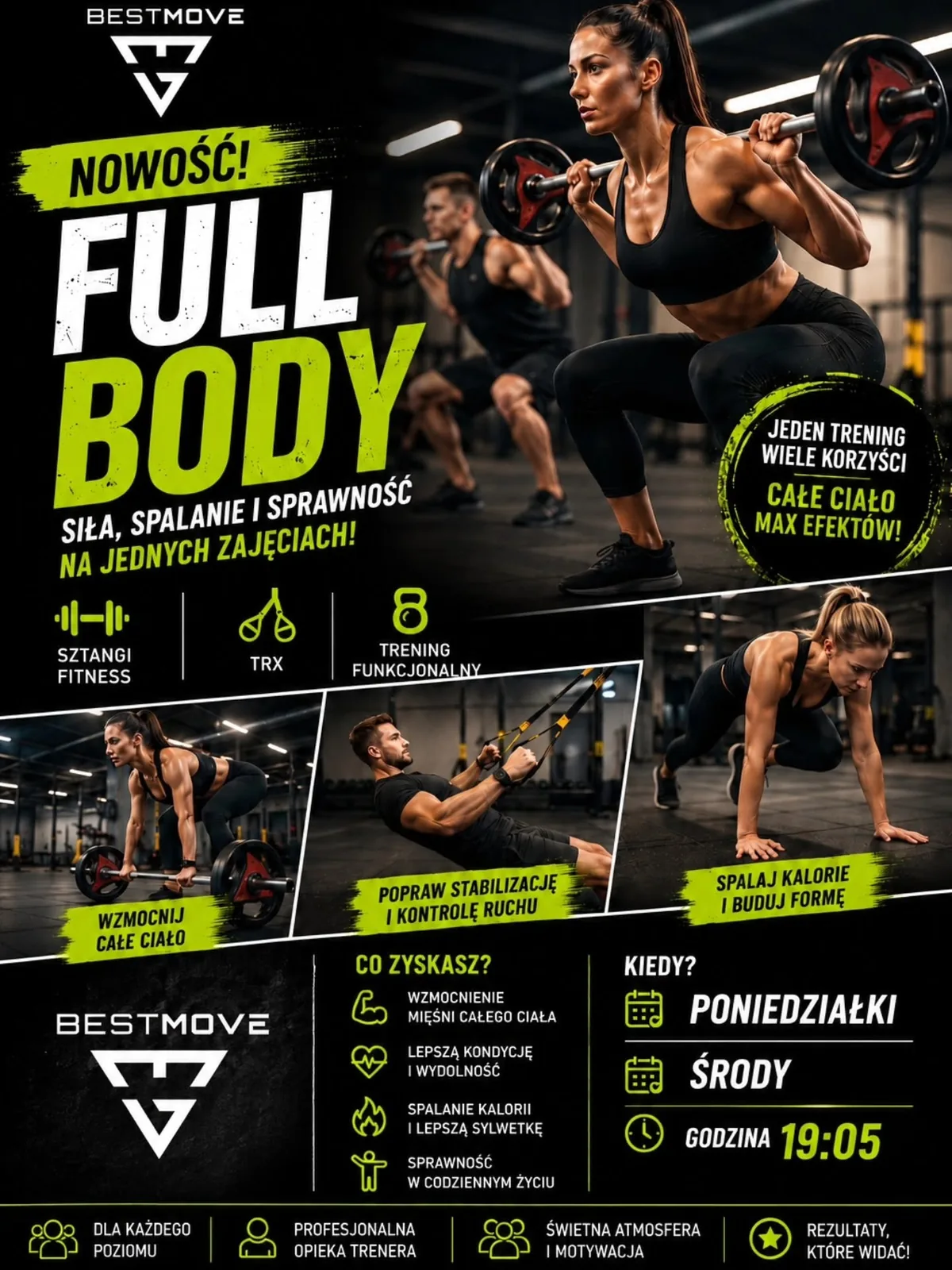 Grafika BESTMOVE promująca zajęcia Full Body ze sztangami fitness, TRX i treningiem funkcjonalnym