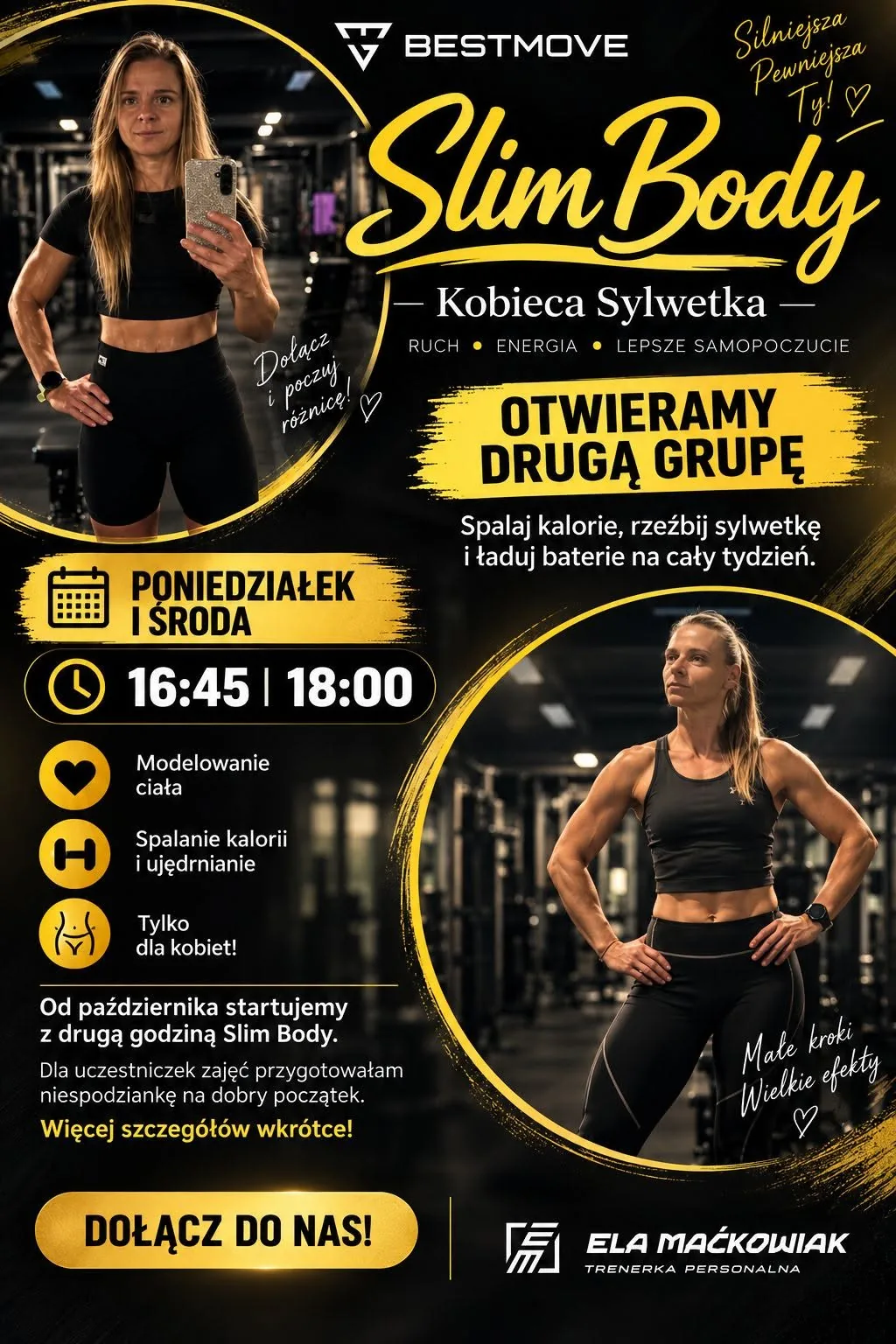 Grafika BESTMOVE promująca zajęcia Slim Body prowadzone przez Elę Maćkowiak